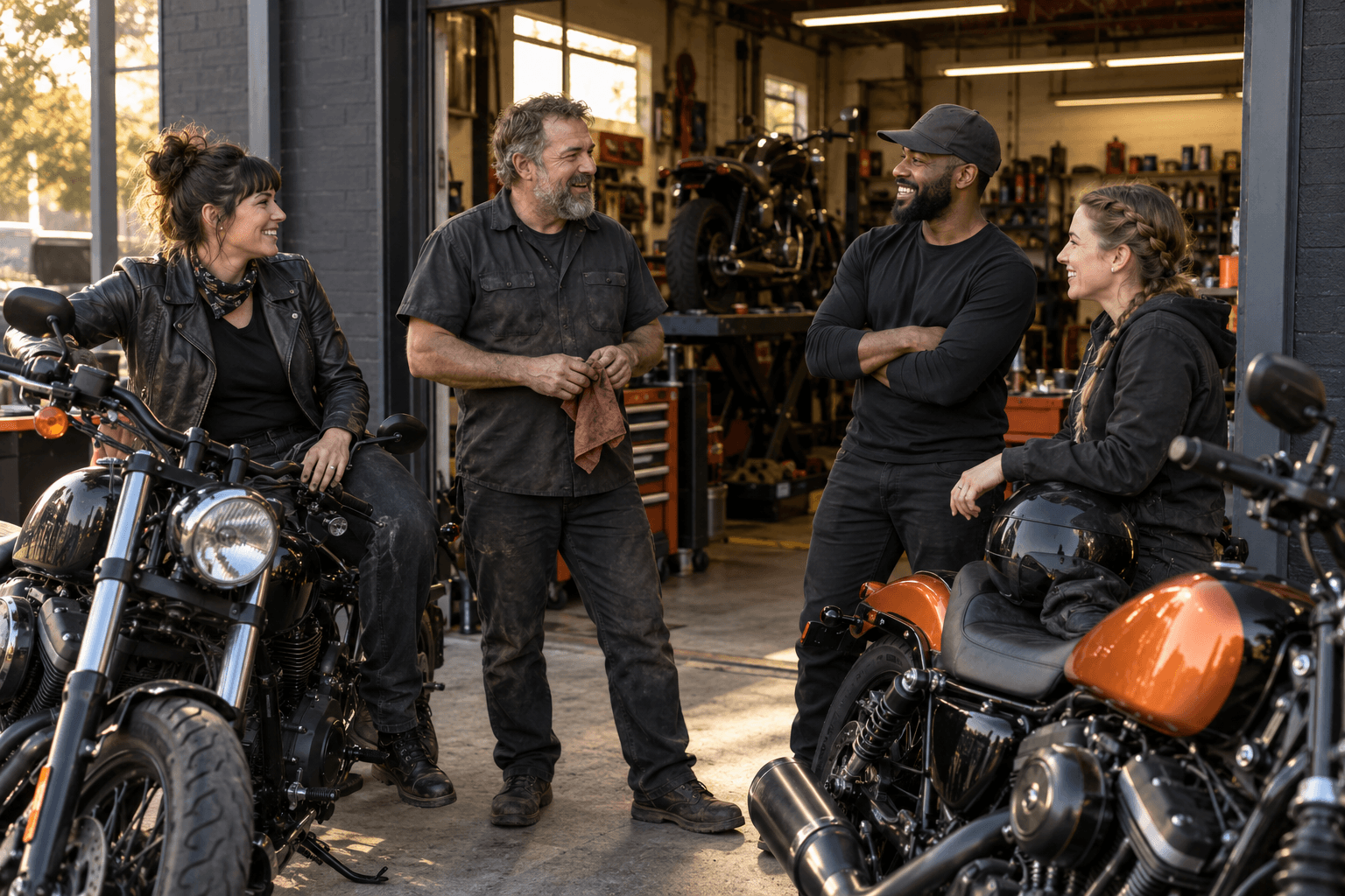 Riders and staff outside an independent motorcycle shop.